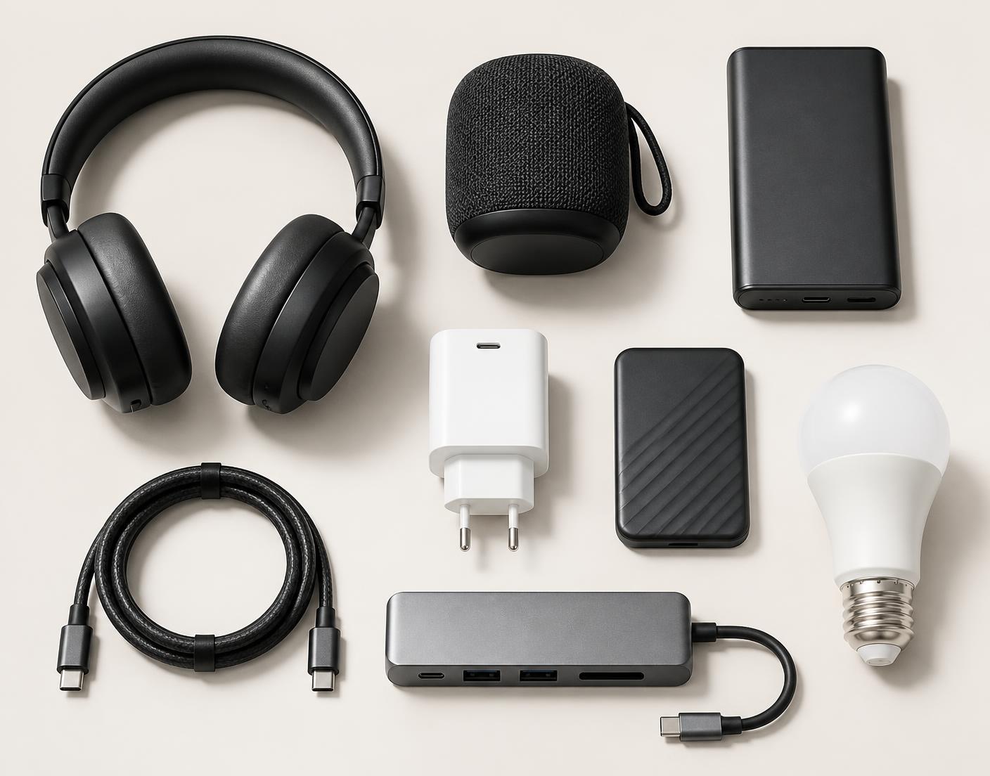 Hörlurar, bluetooth-högtalare, powerbank, USB-C-laddare, extern SSD, kabel, USB-C-hubb och smart LED-lampa